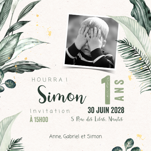 Carte d'invitation avec une photo et des feuillages à l'aquarelle