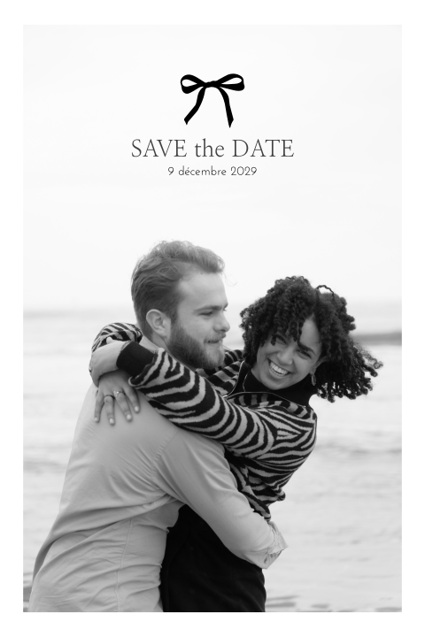Carte save the date en blanc et noir avec noeud noir