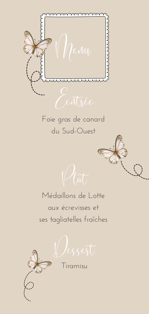 Menu communion avec papillon et fond doux