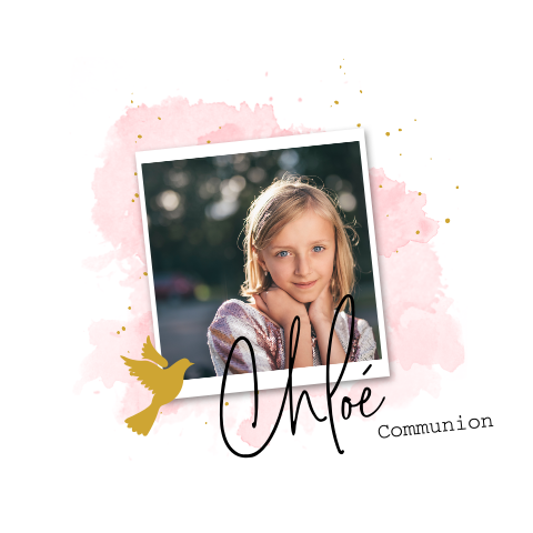 Faire-part de communion avec photo, colombe et aquarelle rose