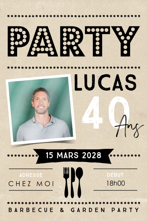 Carte d'invitation moderne et originale pour les 40 ans avec une photo