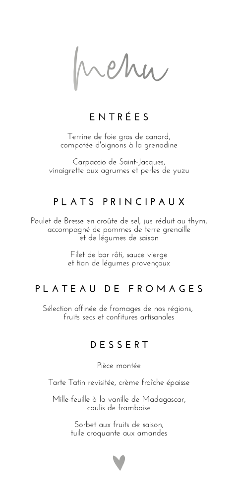Menu minimaliste et élégant avec dorure argentée