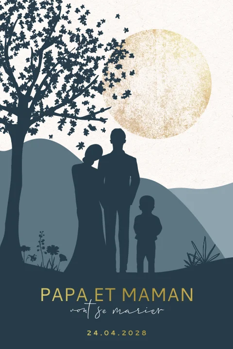 Faire-part de mariage avec silhouette d'une famille et lune
