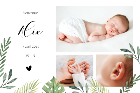 Faire-part de naissance avec feuillage à l’aquarelle et photos de bébé