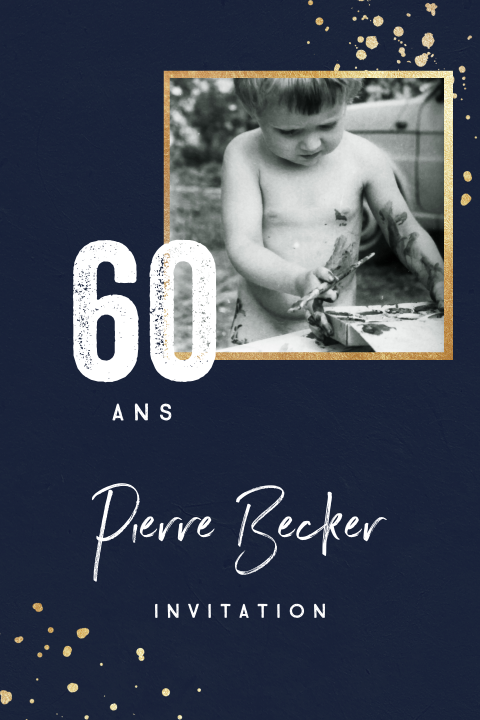 Invitation en bleu pour les 60 ans avec des détails dorés