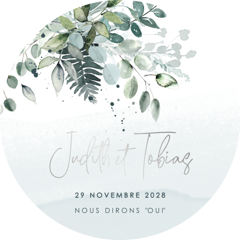 Faire-part élégant et rond avec des branches en aquarelle gris-vert.