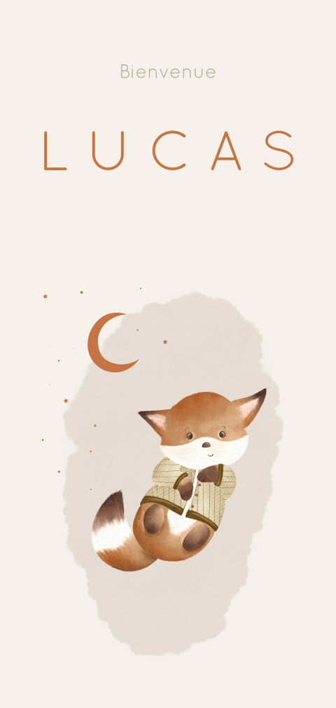 Faire-part de naissance avec renard et détails rouilles sur fond beige