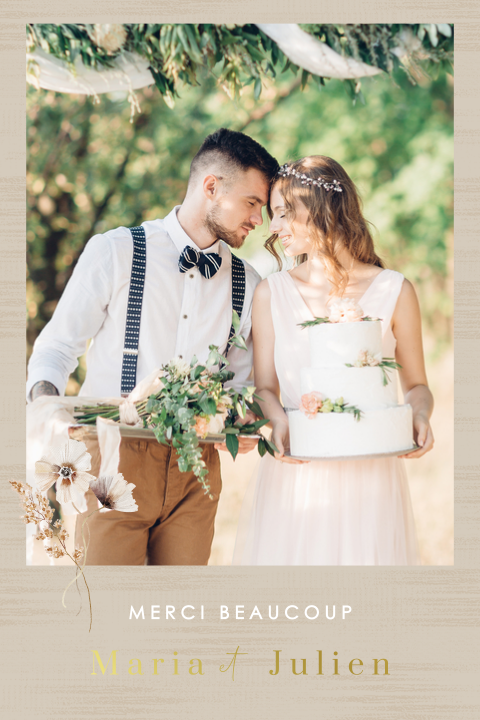 Carte de remerciement avec photo, dorures, sur fond aspect lin