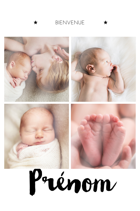 Faire-part de naissance avec quatre photos et étoiles