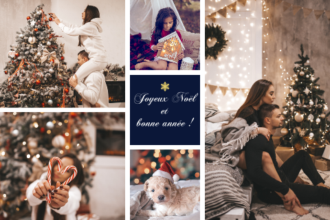 Carte de Noël avec des photos et des flocons de neige dorés