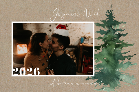Carte de Noël au look kraft avec des sapins en aquarelle et une photo