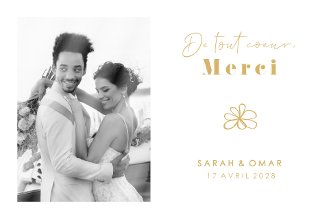 Carte de remerciement avec photo et motif en couleur dorée
