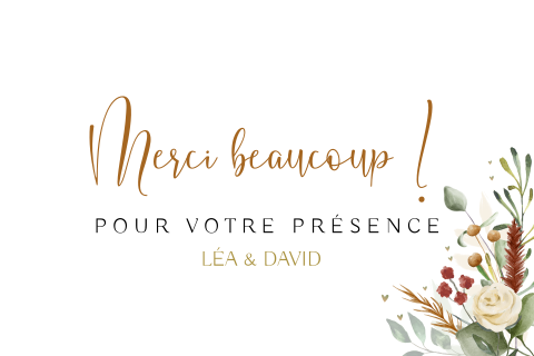 Carte de remerciement avec bouquet de fleurs et élégante typographie