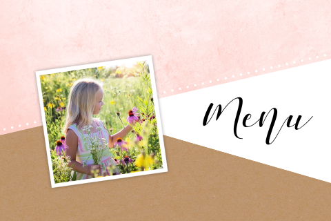 Menu original avec photo, avec fond rose, marron et blanc