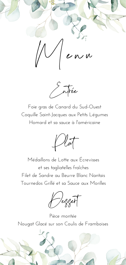 Carte de menu douceur avec des feuilles à l'aquarelle