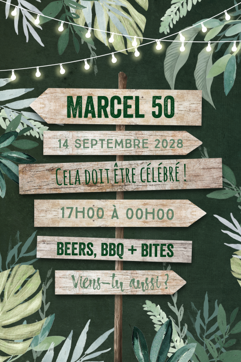 Carte d'invitation avec des guirlandes lumineuses et feuillages.