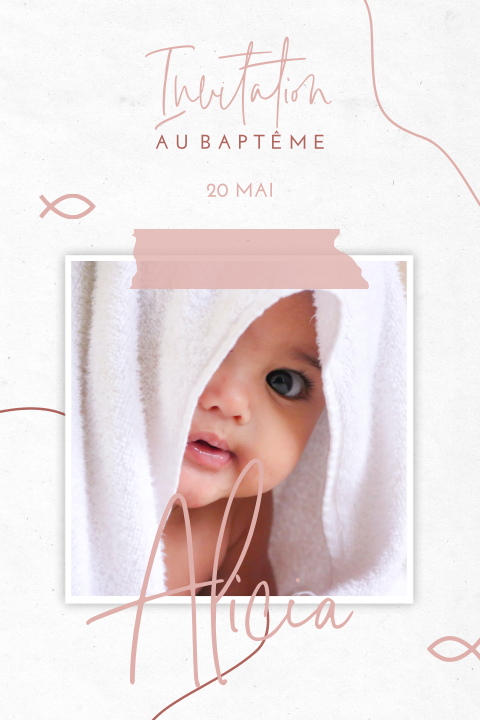 Faire-part de baptême dans des teintes roses et avec des poissons