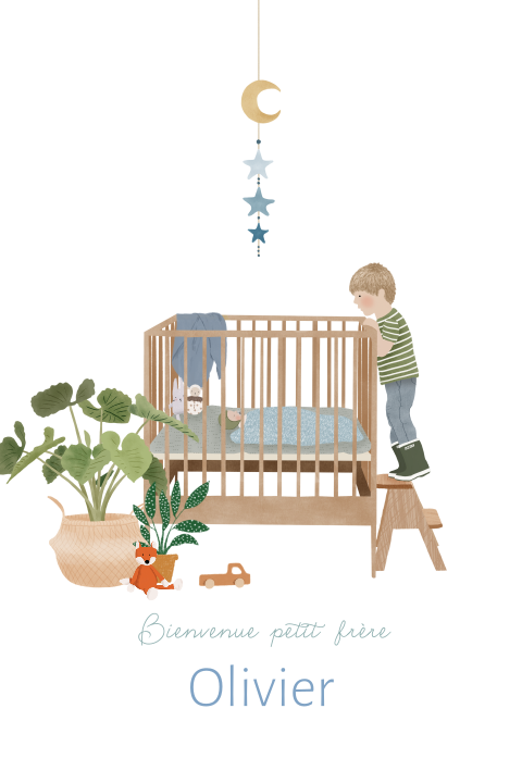Faire-part naissance frère avec berceau et mobile