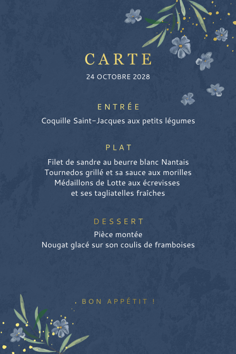 Menu élégant avec des fleurs sur fond bleu foncé et des détails dorés