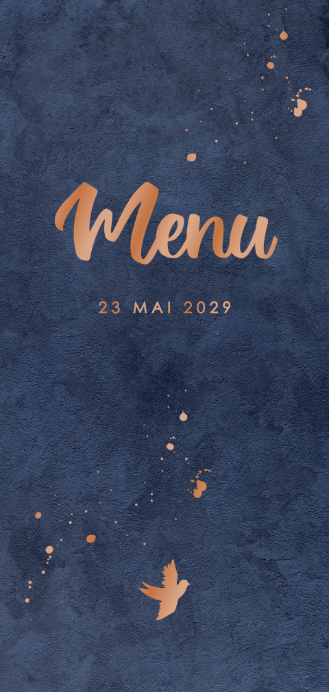 Menu avec fond bleu nuit et dorure rosée