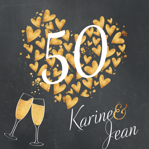 Invitation anniversaire mariage avec photo et coeurs jaune-or