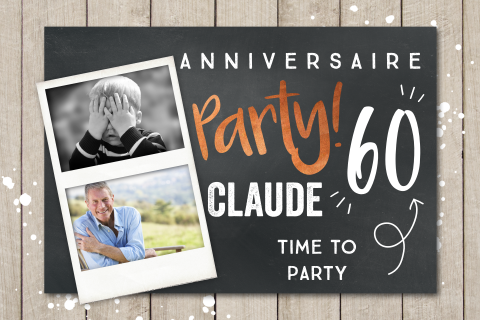 Carte d'invitation pour les 60 ans avec photos sur fond en bois