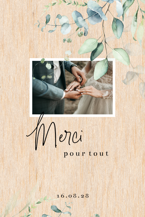 Carte de remerciement avec feuilles et belle typographie