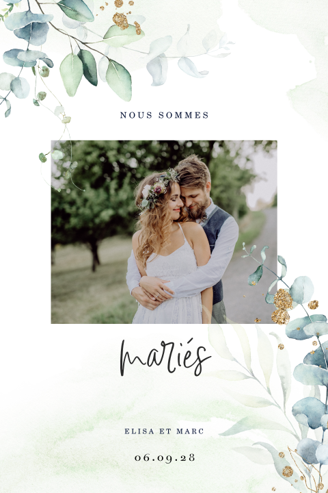 Carte de remerciement élégante avec photo et branches d'eucalyptus