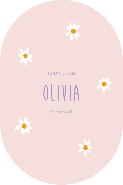Faire-part communion forme ovale avec paquerettes et fond rose