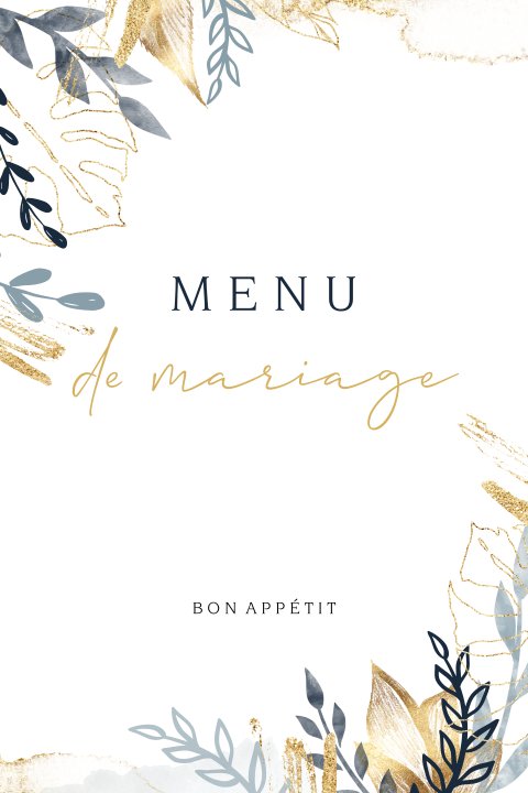 Carte de menu élégante avec des feuillages et détails aspect doré