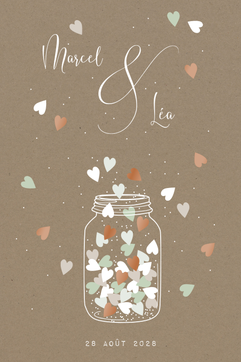 Faire-part avec verre remplie de coeur, détails cuivrés