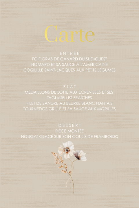 Menu avec détails dorés et fleur sur un fond aspect lin