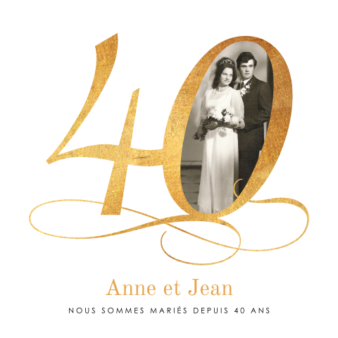 Invitation noces d'emeraude avec photo et chiffres jaune-or