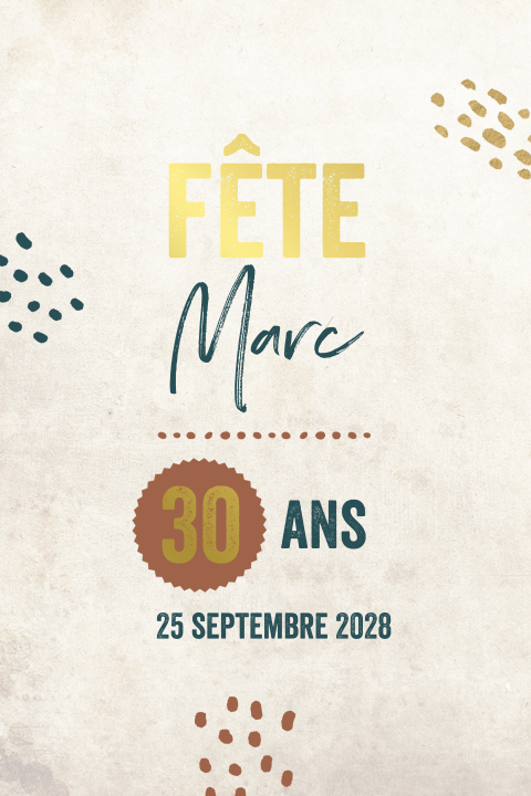 Carte d'invitation moderne pour les 30 ans avec des dorures