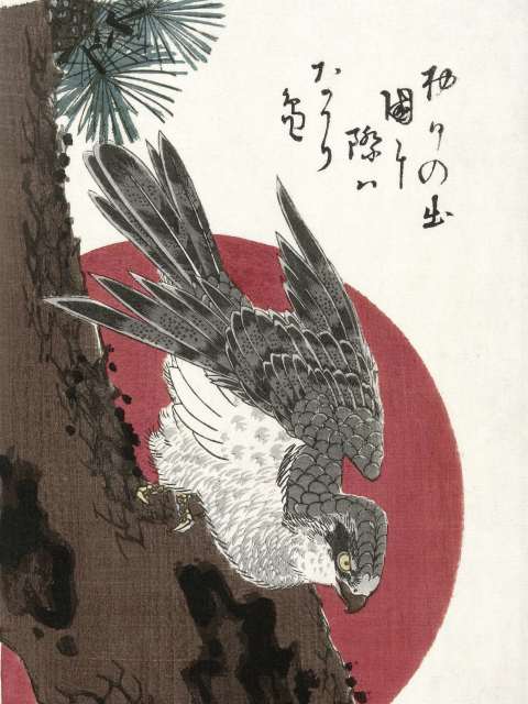 Affichez un faucon sur un tronc de pin et un soleil rouge