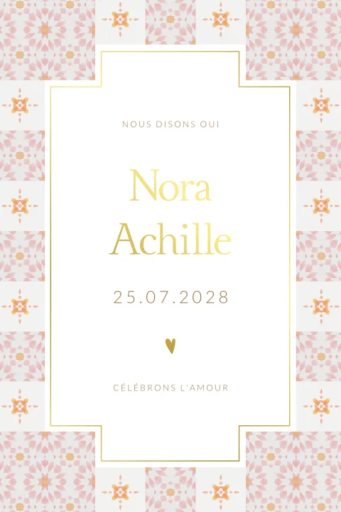 Faire-part de mariage avec design méditerranéen en rose, orange et or