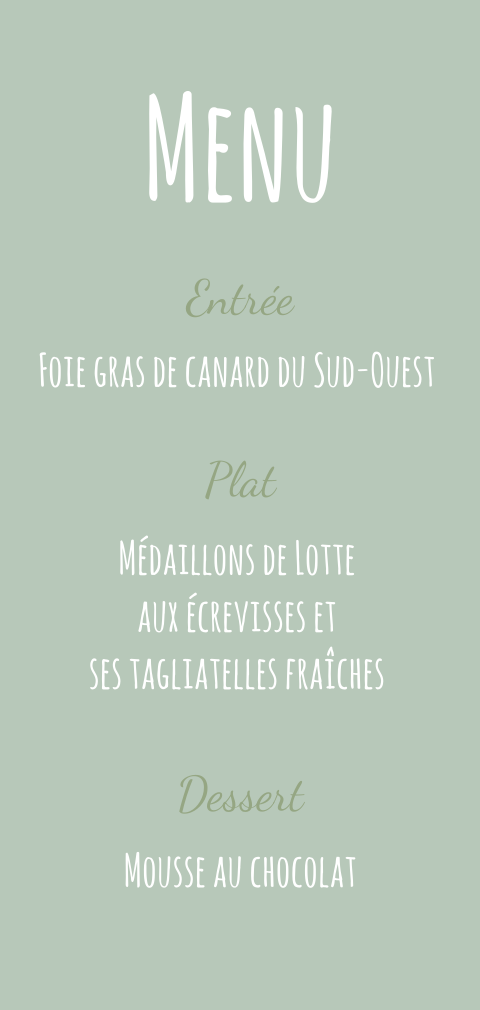 Menu communion avec un fond vert doux
