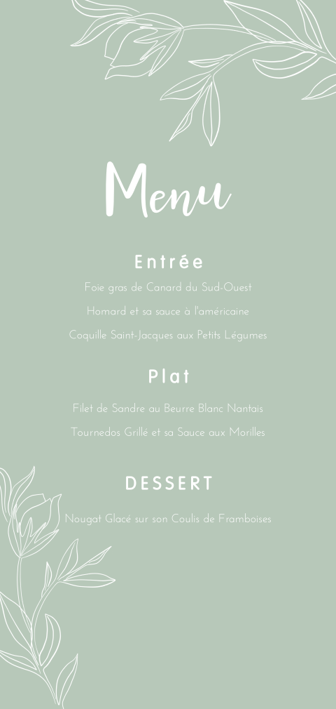 Menu élégant avec un fond vert et des fleurs finement dessinées