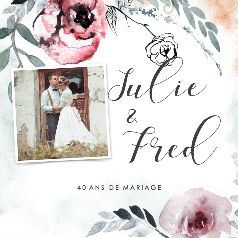 Invitation noces d'emeraude avec photo et fleurs aquarelles