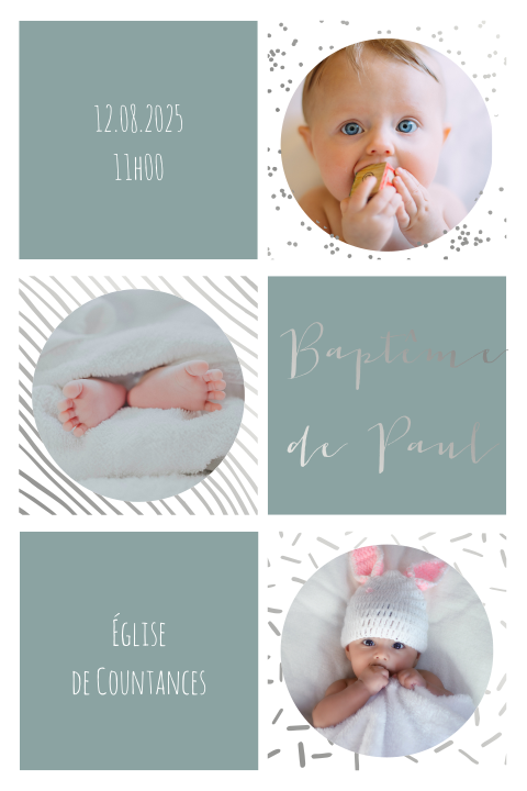 Faire-part de baptême avec des confettis en argent et photos