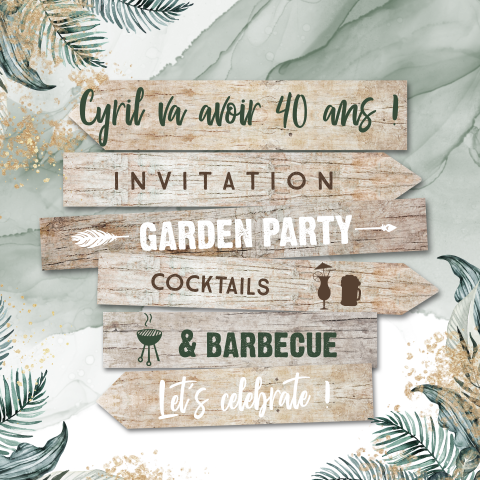 Carte d'invitation tendance avec panneau indicateur et feuillages