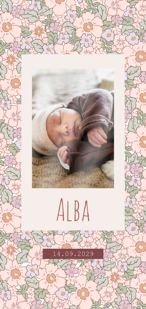 Faire-part de naissance fille en rose et motif floral