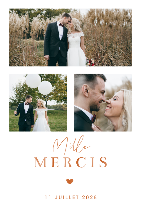 Carte de remerciement avec photos et écriture en vernis