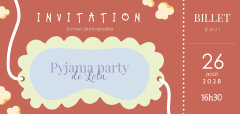 Carte d'invitation originale sous forme de billet à une pyjama party