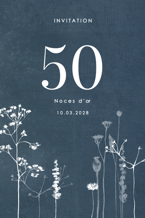 Invitation noces d'or avec fond bleu foncé et dessin de fleurs