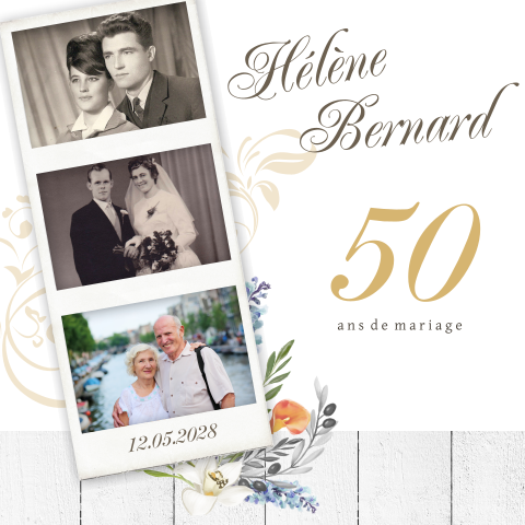 Invitation de noces d'or avec bande de photos et bouquet de fleurs