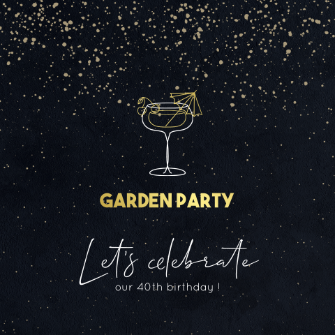 Invitation chic à une garden party avec verre à cocktail et dorures