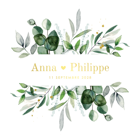 Faire-part de mariage avec des feuillages et écriture dorée