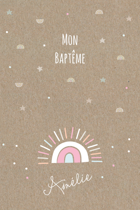 Faire-part de baptême avec photos et arc-en-ciel sur impression kraft
