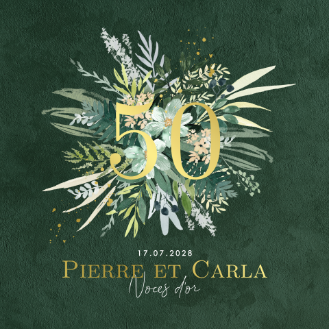 Invitation anniversaire mariage fond vert foncé avec bouquet
